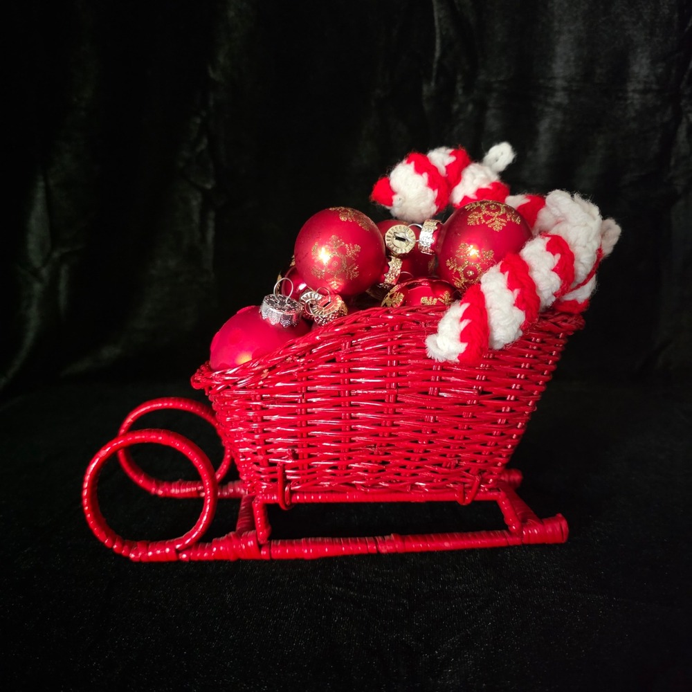 Red Wicker Sleigh Christmas Centerpiece w/ glass Ornaments & Crochet Candy Canes